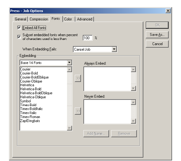 Press-Job Options dialog