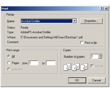 Print dialog with Adobe Distiller selected