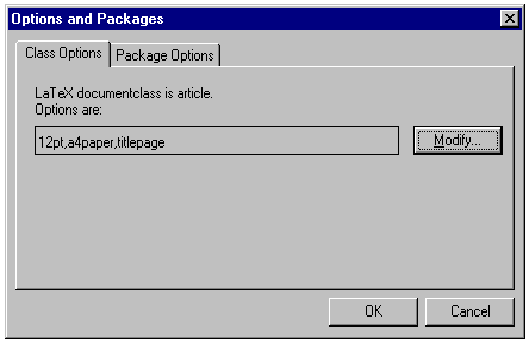 Class Options tab in Options and Packages dialog