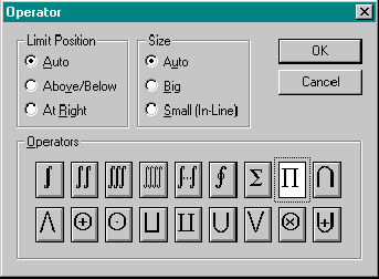 Scientific Notebook Operator dialog