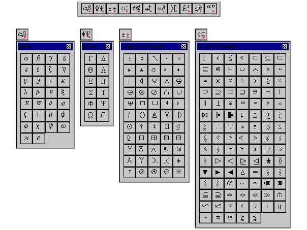 Symbols available in Scientific Notebook