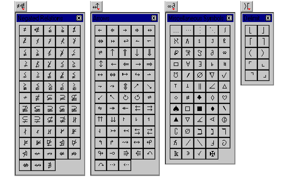 Symbols available in Scientific Notebook